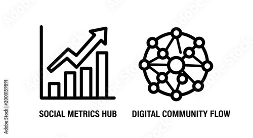 Social metrics hub and digital community flow infographic icons with community