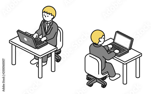 アイソメトリックイラスト：デスクでパソコン仕事をスーツ男性