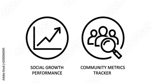 Social growth performance and community metrics tracker line icons with business