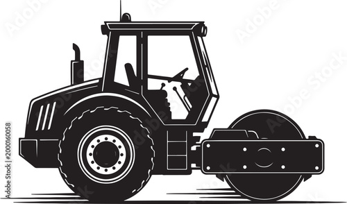 Black and white silhouette of a road roller construction vehicle also transparent background, heavy machinery