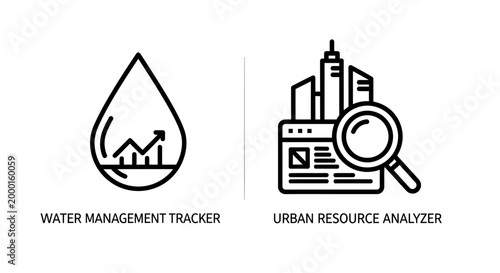 Water resource management tracker and urban infrastructure analysis icon set