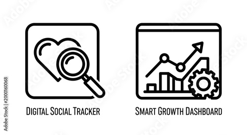 Digital social tracker and smart growth dashboard line icons with dashboard