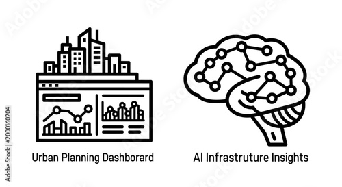 Urban planning dashboard and AI infrastructure insights icons with planning