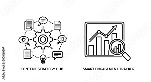 Content strategy hub and smart engagement tracker icons with strategy, tracking