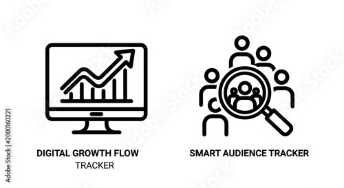 Digital growth flow and smart audience tracker icons with analytics, audience