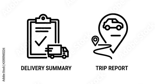 Delivery summary and trip report logistics icon set with logistics, delivery