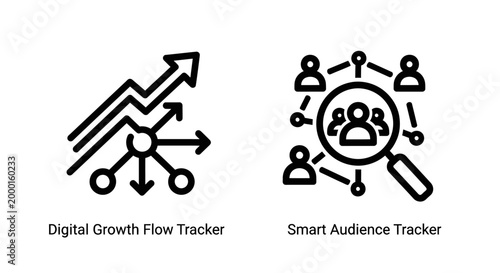 Digital growth flow tracker and smart audience analytics icons with analytics