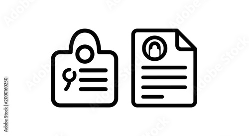 Document verification and identity credential icons with document, verification