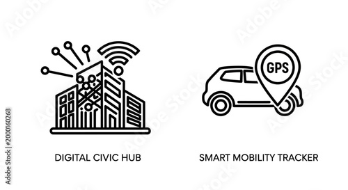 Digital civic hub and smart mobility tracker icons with mobility, transport