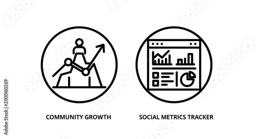 Community growth and social metrics tracker icons set with community, analytics