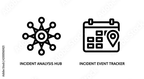 Incident analysis hub and event tracker icons set with incident, analysis