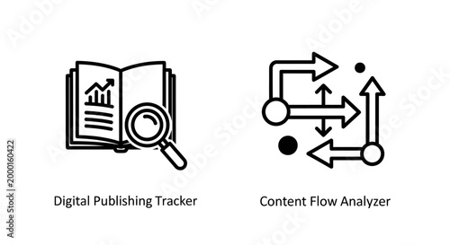 Digital publishing tracker and content flow analyzer icons with publishing