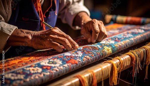 Close up of an elderly artisan hands working with a traditional wooden loom to create a vibrant handcrafted rug with intricate floral patterns.