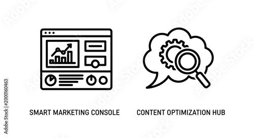 Smart marketing console and content optimization hub icons with marketing