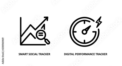 Smart social tracker and digital performance tracking icons with performance