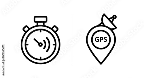 Time management and global positioning system icons with stopwatch, location