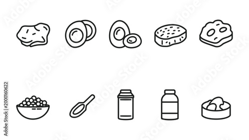 Quadro em tela Caviar and Condiment Icon Set: Minimalist line art icons depict an assortment of gourmet condiments and toppings, including caviar, truffle, chopped egg, and fine accompaniments