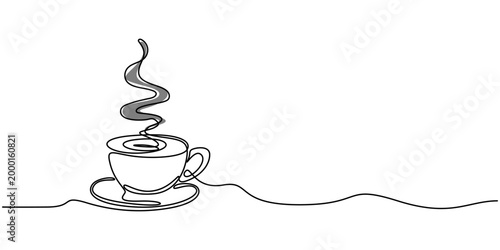 steaming coffee cup continuous one line drawing, Continuous one line drawing of a steaming cup of coffee or tea with saucer on white background. Minimalist vector illustration for cafe and breakfast
