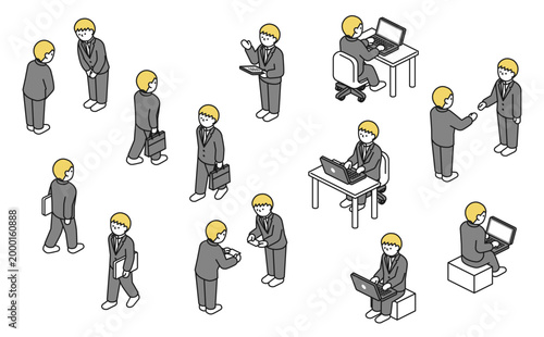 アイソメトリックイラスト：働くスーツ男性セット
