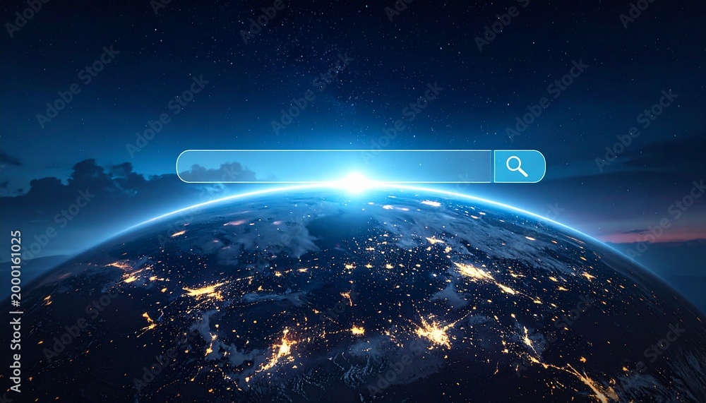 Obraz premium A digital search bar floating over the earth at night representing global internet connectivity and universal access to worldwide information.