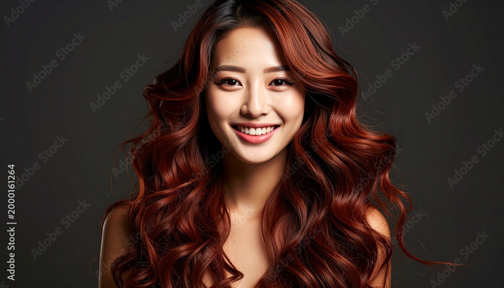 Naklejka premium Portrait of a beautiful young Asian woman with long wavy dark red hair smiling joyfully against a simple dark grey studio background.