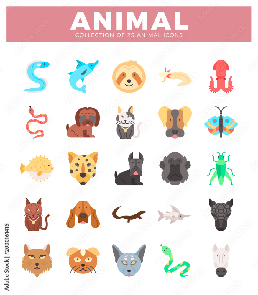 Obraz premium Flat icon set of 25 diverse animals arranged in a grid on a white background with pink header.