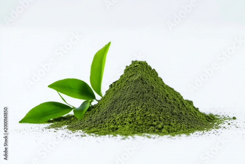 Green Matcha Powder with Fresh Tea Leaves 