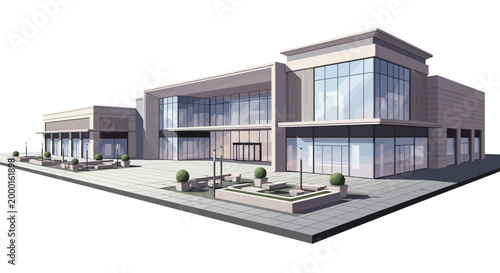 Isometric vector illustration of a modern shopping center with large glass windows and a clean design, showcasing a world of retail business opportunities in a bright and inviting light