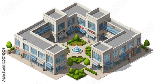 Isometric illustration showing a shopping center featuring multiple store fronts around a central courtyard with a fountain, rendered in a clean, vector style against a white background