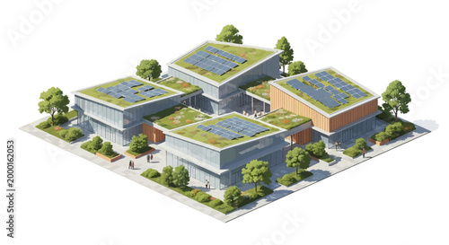 Isometric illustration depicting a modern shopping center with green roofs and solar panels, rendered in a clean, vector style against a white backdrop, emphasizing sustainable design