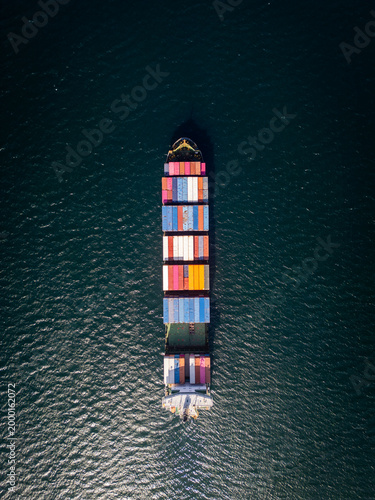 Top down aerial view of a large container ship in the deep blue ocean