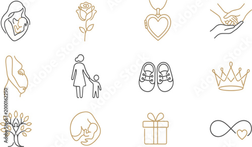 Motherhood and Family Bond Elegant Line Art Icon Set