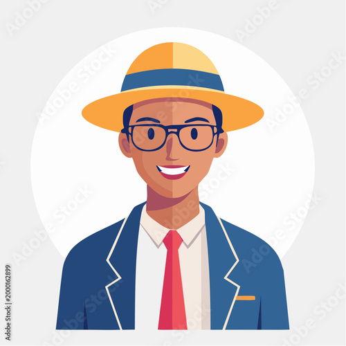 Man Wearing Hat and Glasses, Smiling