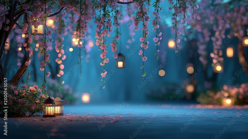 Naklejka premium Dreamy night garden with hanging lights and cascading pink flower curtain, soft celestial glow, magical ambiance, romantic outdoor scene, tranquil and enchanting atmosphere.