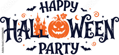 Happy halloween party text with pumpkin castle bats on isolated white background