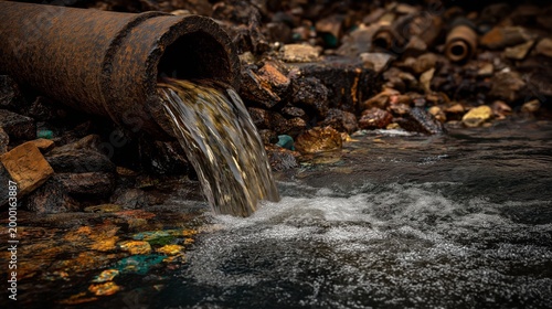Wastewater flowing out of drain pipe, polluted runoff stream, urban drainage system, environmental contamination concept, dirty water flow, infrastructure detail.