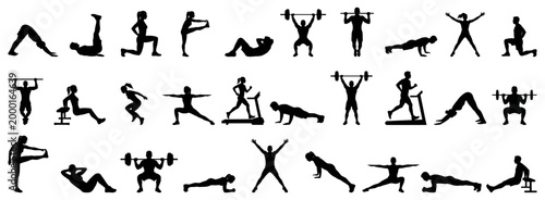 Fitness exercise silhouettes set performing gym workout routines | healthy active lifestyle and athletic training activity collection