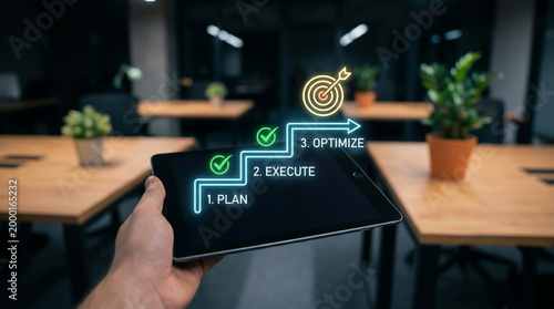 Business success and growth strategy concept with hand holding tablet showing plan execute and optimize steps to reach target goal and kpi achievement in a modern office background environment.