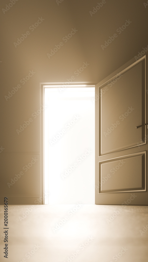 Fototapeta premium Open Glowing Door Dark Room Stars Hope Spiritual Portal Concept, 3D Render
