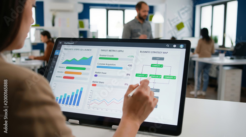 Business professional analyzing success growth and goal achievement using digital kpi dashboard on tablet screen for strategic planning and target tracking in modern office environment.