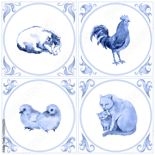 Blue watercolor cat, rooster, chick, and sleeping cat motifs in four oval framed panels with ornate corner scrolls; suitable for stationery and wall decor. Part of a coordinated matching pattern set.