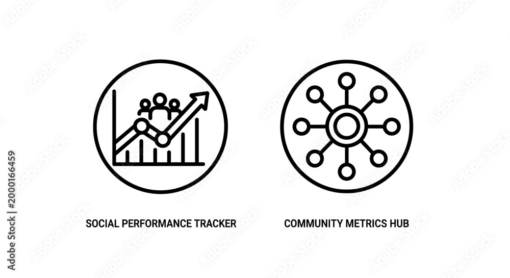 Fototapeta premium Social performance tracker and community metrics hub icons with performance