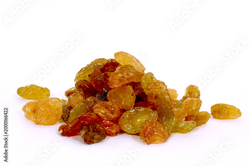 golden raisins, yellow raisins, dried grapes, kishmish, dry fruits, healthy snack, organic food, isolated on white, food photography, nutritious