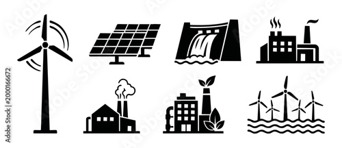Renewable Energy Icons Set with Wind Solar and Hydro Power for Sustainable Environment and Green Industrial Infrastructure Design Elements and Ecology Symbols for Clean Electricity Production Flat Gra
