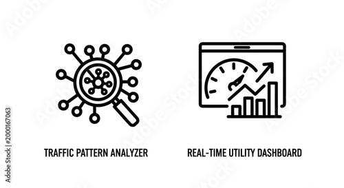 Traffic pattern analyzer and real-time utility dashboard icons with analyzer
