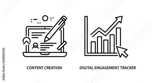 Content creation and digital engagement tracking line icons with concept represe