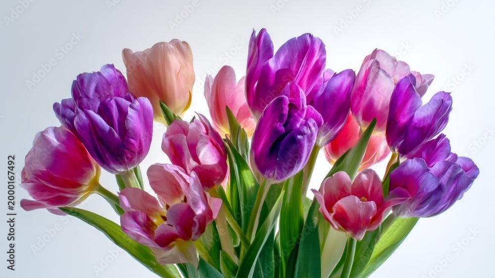 Obraz premium Vibrant tulip bouquet on white background. Artificial intelligence image