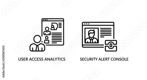 User access analytics and security alert console system icons with analytics