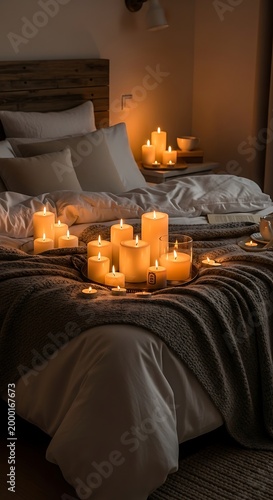 Numerous glowing wax lights illuminate a cozy bedroom setting creating a warm ambiance.