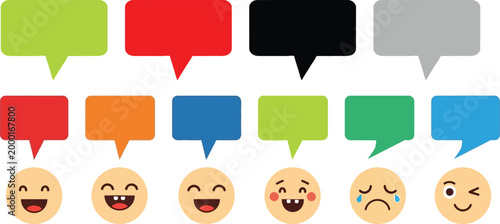 Colorful speech bubbles and emoji faces collection for communication and expression